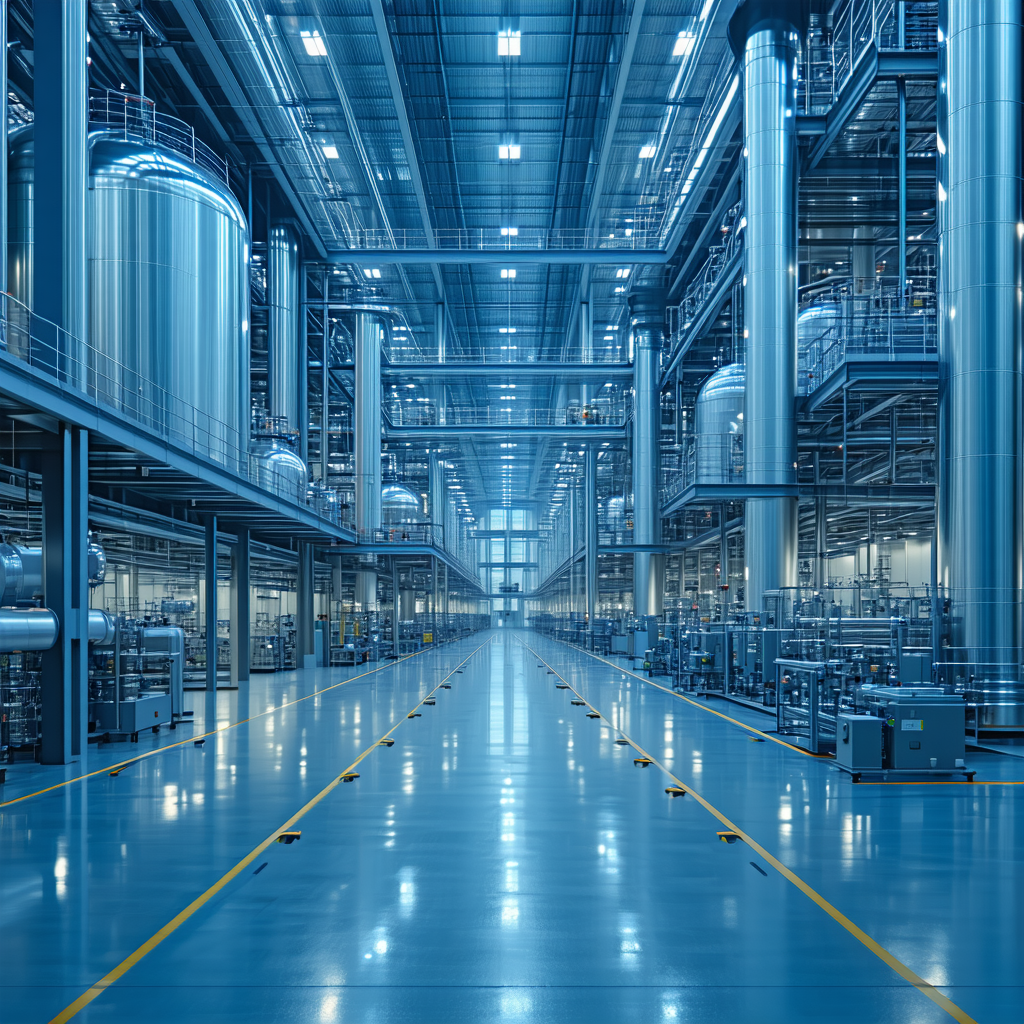 A high-resolution, professional, 16:9 cinematic shot of a modern, clean, high-precision industrial manufacturing facility with blue and chrome color tones, emphasizing structural stability, engineering, and financial strength.