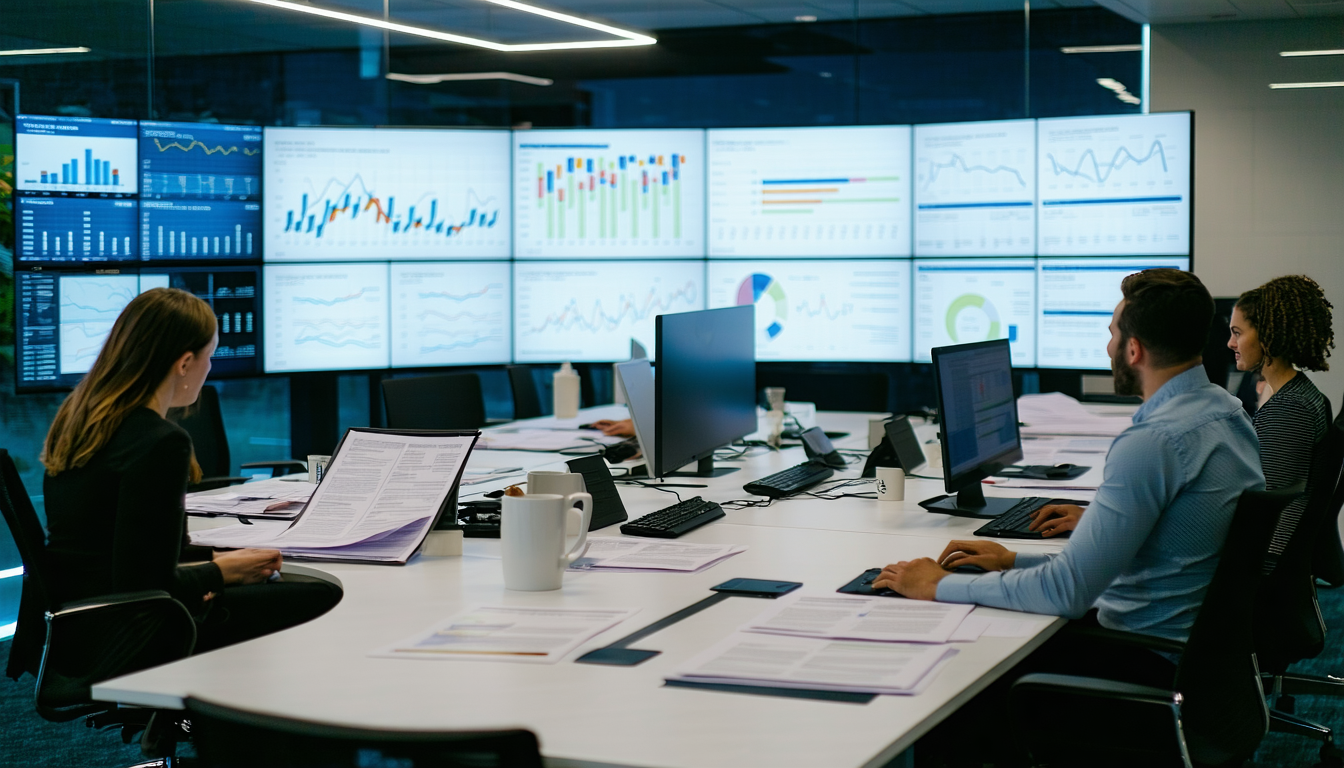 Modern lending operations center with team reviewing loan dashboards