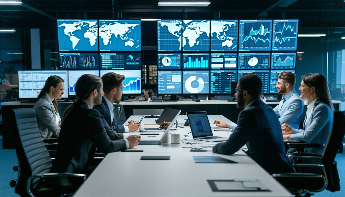 Lending operations team reviewing connected systems on screens
