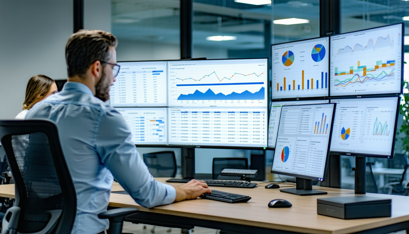 Modern loan servicing operations center with staff reviewing portfolio dashboards